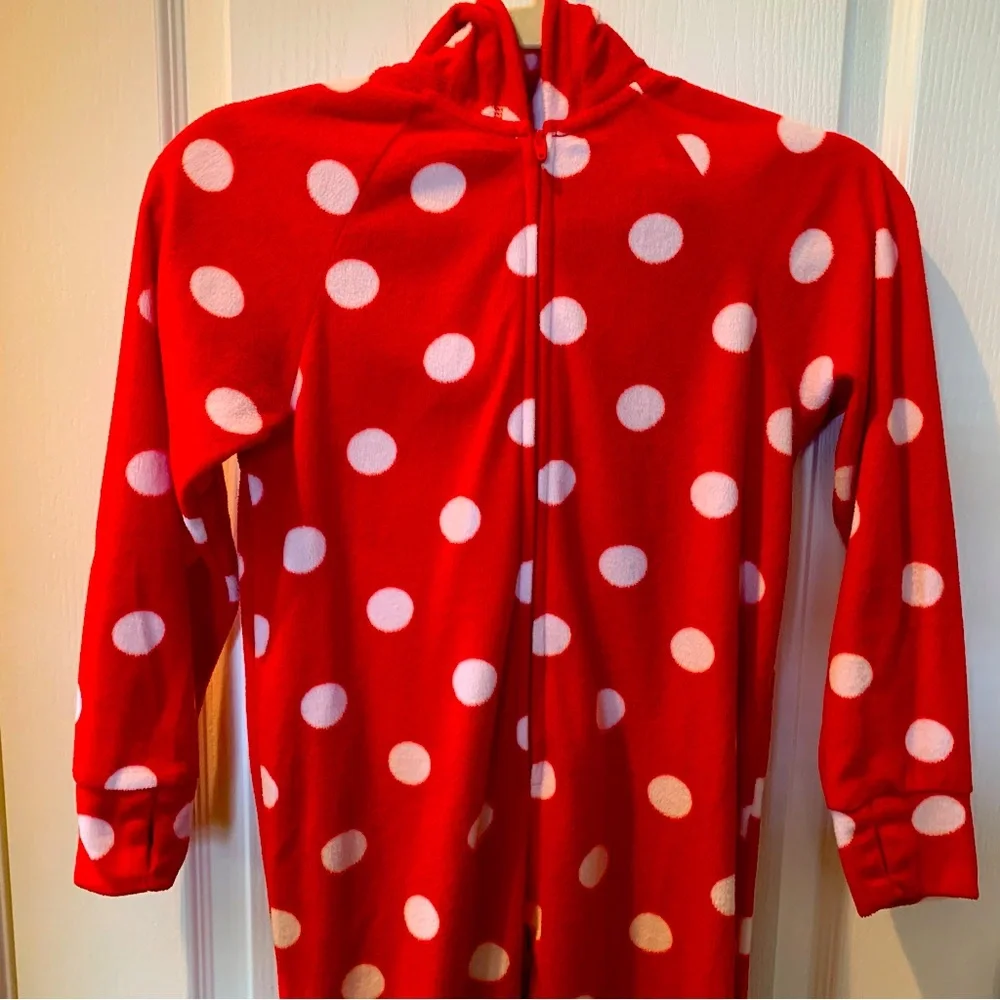 JUSTICE Girls Polka Dot Red Holiday Reindeer Hooded Zipper Bodysuit Footed P…
